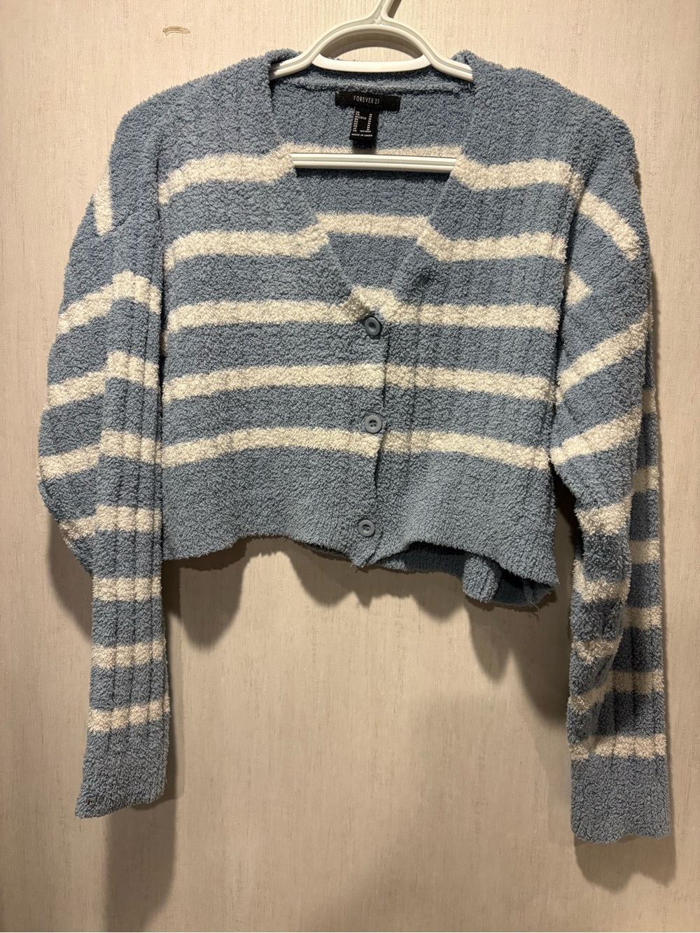 Forever 21 Light Blue & White Striped Cropped Button Cardigan